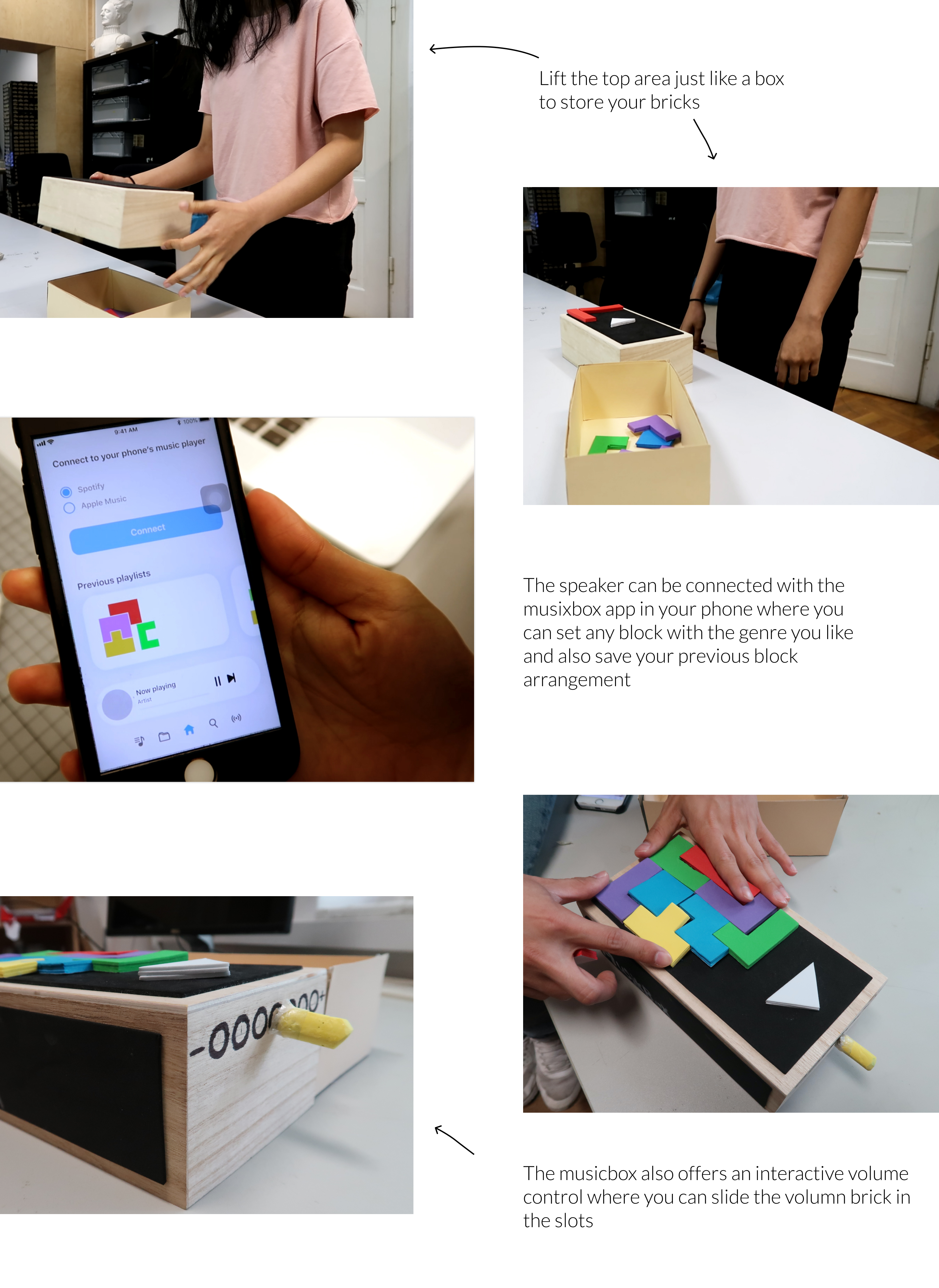 Wizard of Oz study snapshots: lifting the lid to store bricks, connecting the MusikBox app, arranging blocks and sliding the volume brick