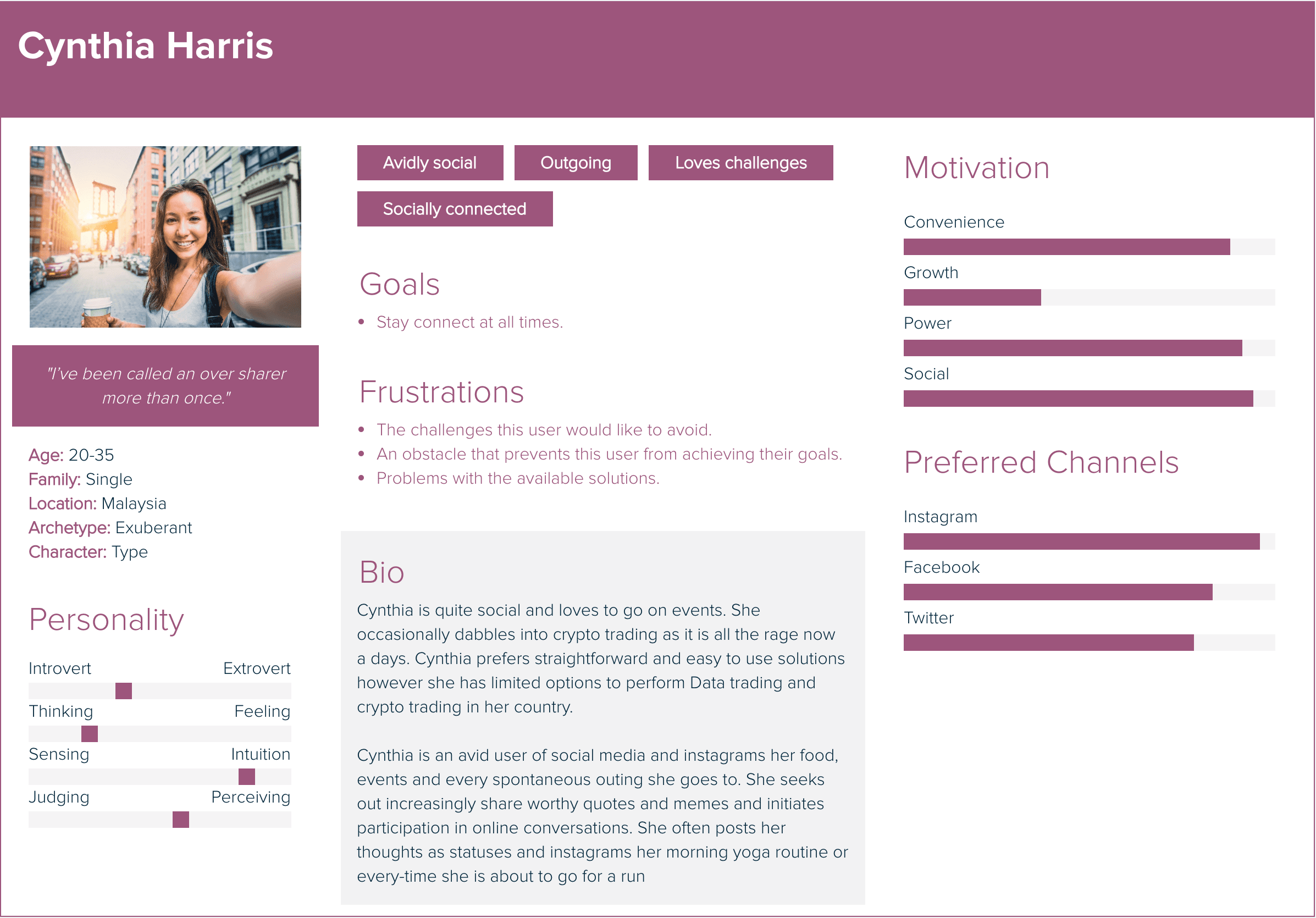 Persona 1 of 6, with goals, frustrations, bio, motivations and preferred channels