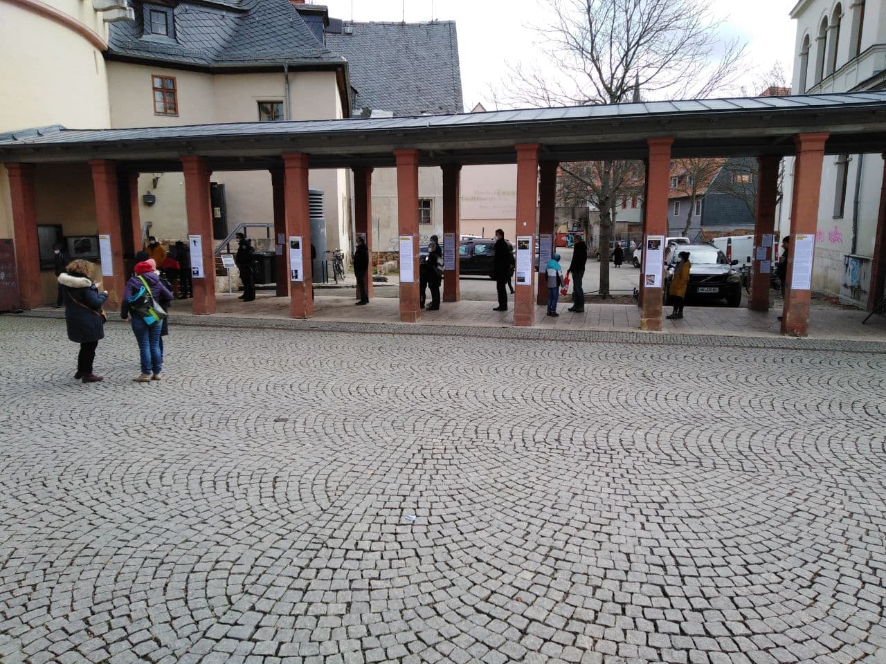 The exhibition posters displayed along the colonnade at Goetheplatz, Weimar